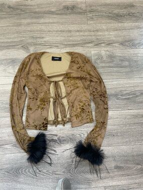 Cider Taupe Floral Tie-Front Cardigan with Black Feather Cuffs
